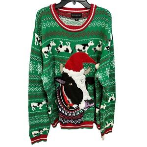 Blizzard Bay Cow Santa Hat‎ Ugly Christmas Sweater XL Green Festive Holiday